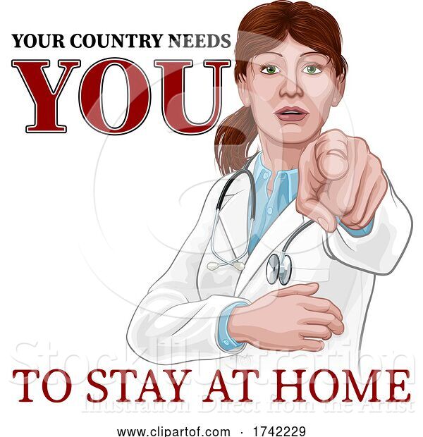 Vector Illustration of Doctor Lady Needs You Stay Home Pointing Poster