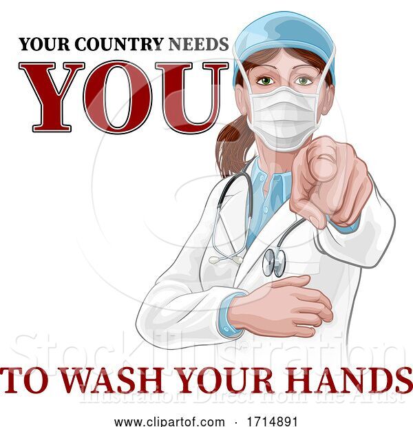 Vector Illustration of Doctor Lady Pointing Needs You Wash Your Hands