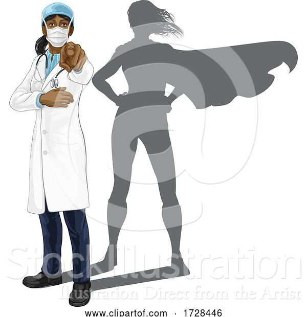 Vector Illustration of Doctor Lady Pointing with Super Hero Shadow