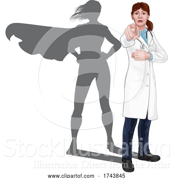 Vector Illustration of Doctor Lady Pointing with Super Hero Shadow