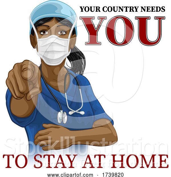 Vector Illustration of Doctor Nurse Lady Needs You Stay at Home Pointing