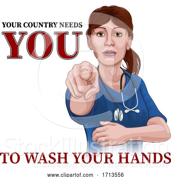 Vector Illustration of Doctor Nurse Lady Needs You Wash Hands Pointing