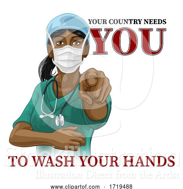 Vector Illustration of Doctor Nurse Lady Needs You Wash Hands Pointing