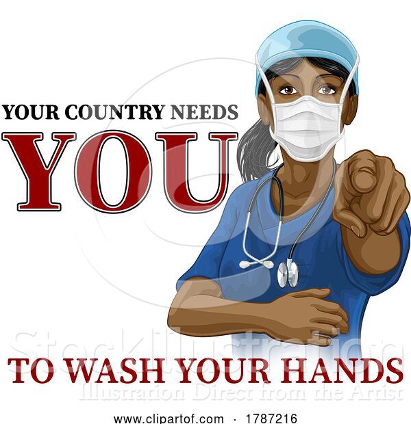 Vector Illustration of Doctor Nurse Lady Needs You Wash Hands Pointing