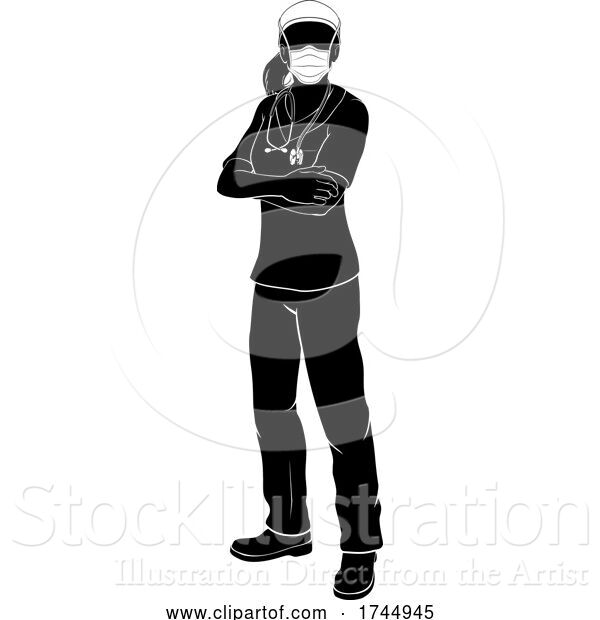 Vector Illustration of Doctor Nurse Lady PPE Mask Scrubs Silhouette