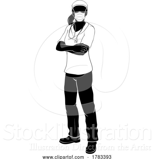 Vector Illustration of Doctor Nurse Lady PPE Mask Scrubs Silhouette