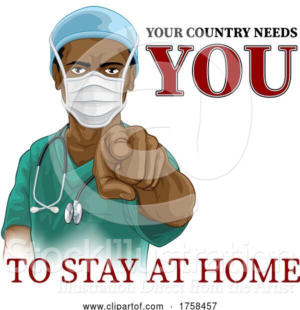 Vector Illustration of Doctor Nurse Needs You Stay Home Pointing Poster