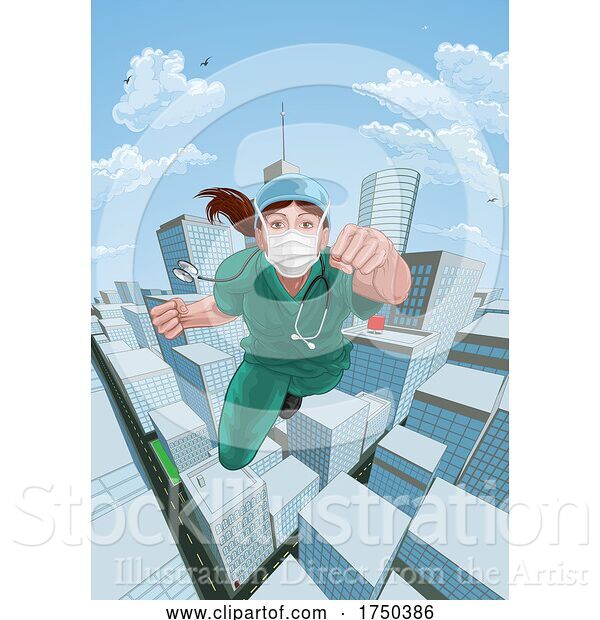 Vector Illustration of Doctor Nurse Scrubs Superhero Flying Super Hero