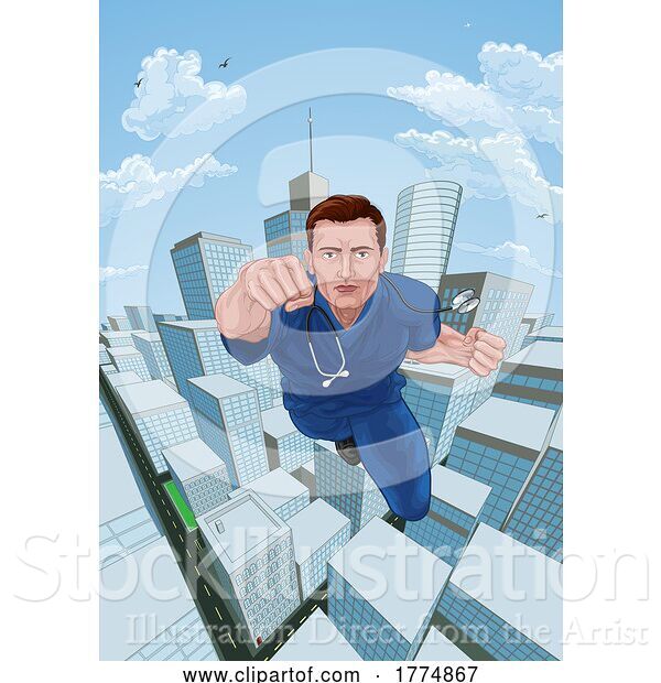 Vector Illustration of Doctor Nurse Scrubs Superhero Flying Super Hero