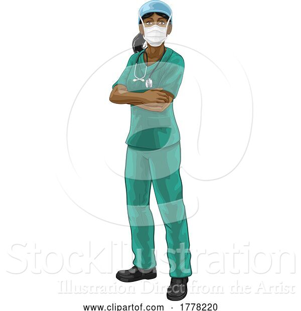 Vector Illustration of Doctor or Nurse Lady in Medical Scrubs and PPE