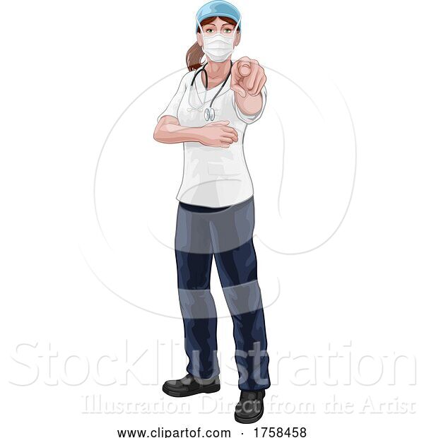 Vector Illustration of Doctor or Nurse Lady in Scrubs Uniform Pointing