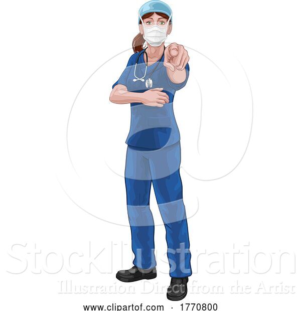Vector Illustration of Doctor or Nurse Lady in Scrubs Uniform Pointing