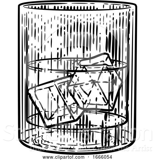 Vector Illustration of Drink with Ice in Glass Woodcut Engraved Etching
