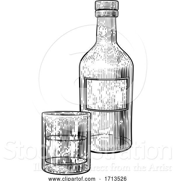 Vector Illustration of Drinks Glass and Bottle in Vintage Woodcut Style