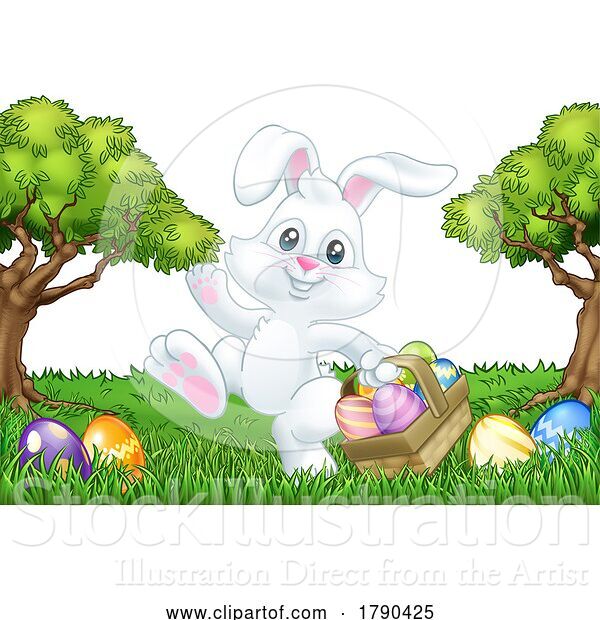 Vector Illustration of Easter Bunny Rabbit Eggs Basket Background