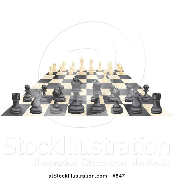 Vector Illustration of Ebony and Ivory Chess Pieces Lined up on a Board During a Chess Game, One Ivory Forward