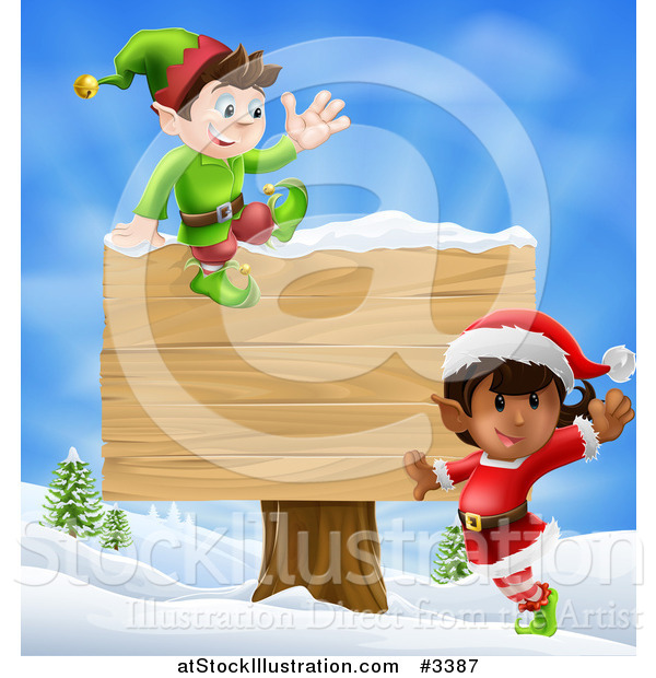 Vector Illustration of Energetic Christmas Elves by a Wooden Sign in a Winter Landscape