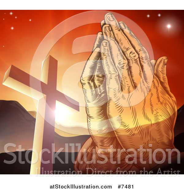 Vector Illustration of Engraved Praying Hands over a Christian Cross, Orange Sunset and Mountains