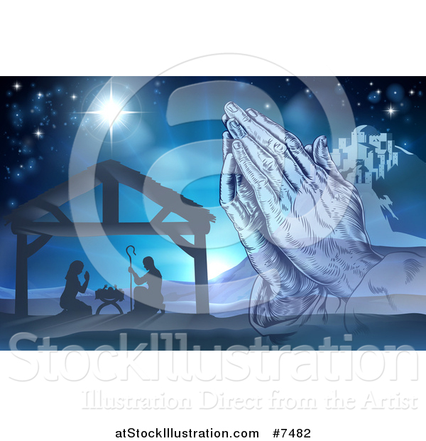 Vector Illustration of Engraved Praying Hands over a Silhouetted Christmas Nativity Scene at the Manger with the Star of Bethlehem and City in Blue Tones