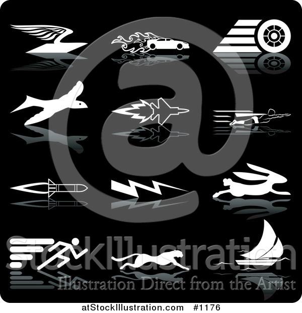 Vector Illustration of Envelope with Wings, Race Car with Flames, Race Car Tire, Bird, Jet, Super Man, Rocket, Lightning, Rabbit, Runner, Cheetah and Sailboat, over a Black Background