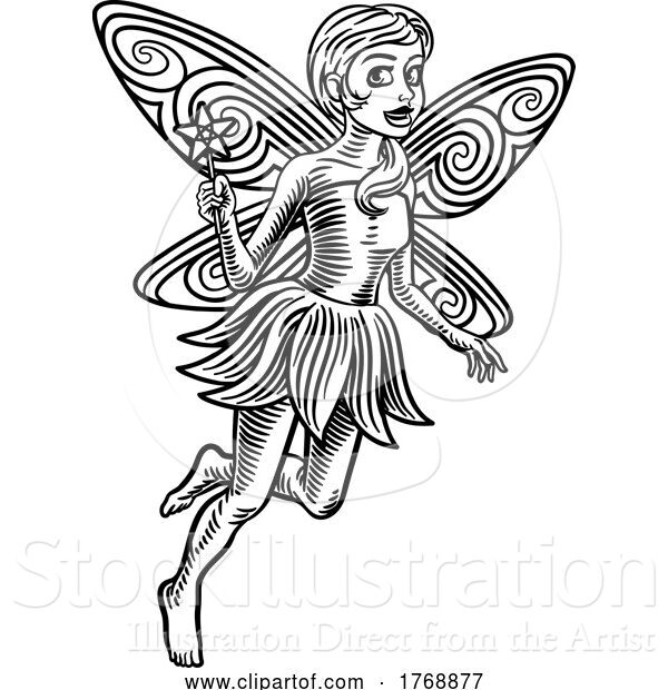 Vector Illustration of Fairy Vintage Woodcut Art Style Mascot