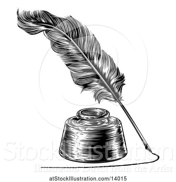Vector Illustration of Feather Quill Pen Drawing a Line Around an Ink Well