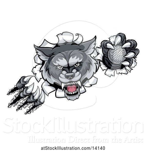 Vector Illustration of Ferocious Gray Wolf Slashing Through a Wall with a Golf Ball