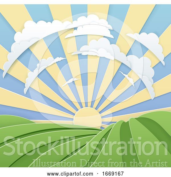 Vector Illustration of Field Rolling Hills Sunrise Sky Paper Craft Style