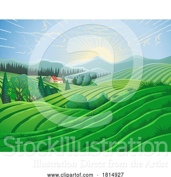 Vector Illustration of Fields Hills Farm House Landscape Background