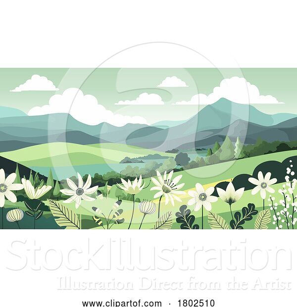 Vector Illustration of Fields Hills Flowers Country Landscape Background