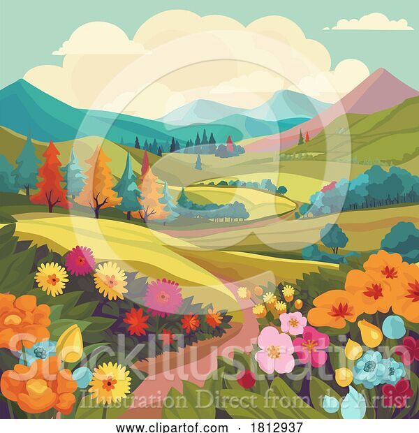 Vector Illustration of Fields Hills Flowers Country Landscape Background