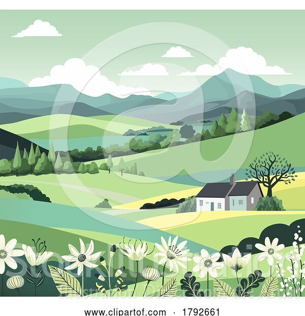 Vector Illustration of Fields Hills Flowers House Landscape Background