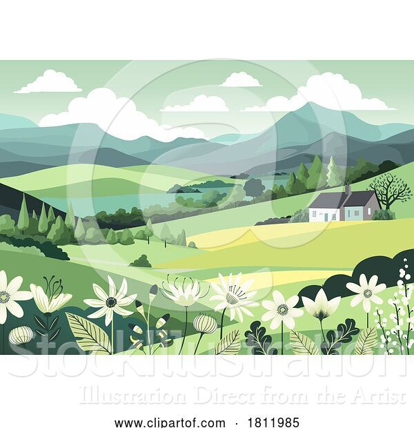 Vector Illustration of Fields Hills Flowers House Landscape Background