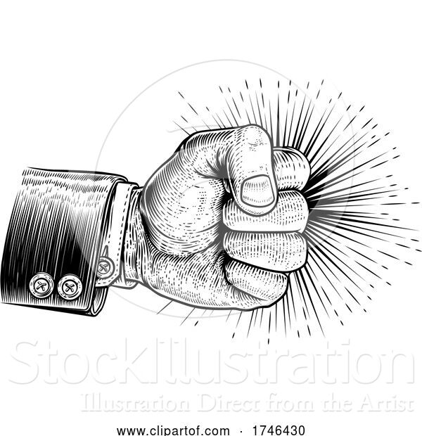 Vector Illustration of Fist Business Suit Punching Vintage Woodcut Style