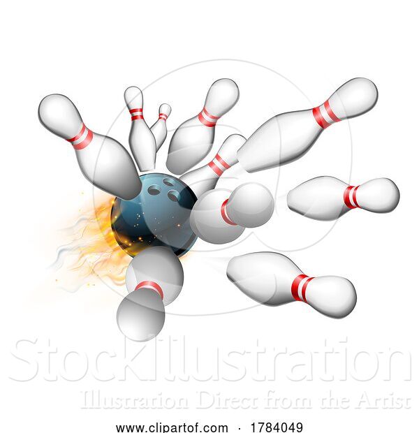 Vector Illustration of Flame Bowling Ball Strike with Ten Pins