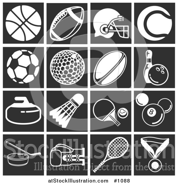 Vector Illustration of Flat White Sports Related Icons over Black Square Backgrounds