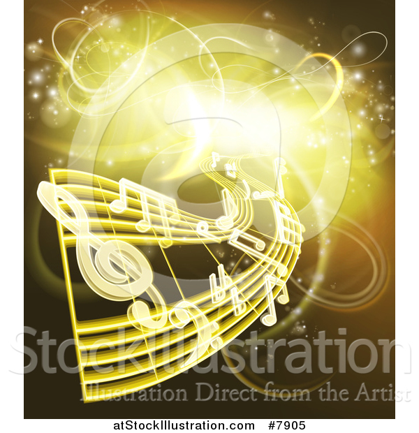 Vector Illustration of Floating Sheet Music and Notes over Gold and Yellow Neon Lights