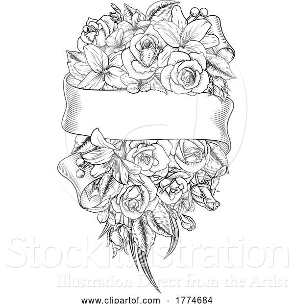 Vector Illustration of Flowers Floral Rose Bouquet Scroll Funeral Wedding