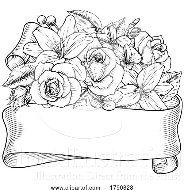Vector Illustration of Flowers Floral Rose Bouquet Scroll Funeral Wedding