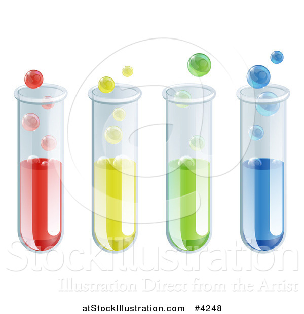 Vector Illustration of Four Colorful Test Tubes with Bubbles