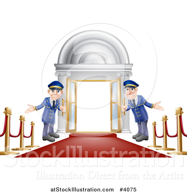 Vector Illustration of Friendly Door Men Holding Open VIP Doors on a Red Carpet