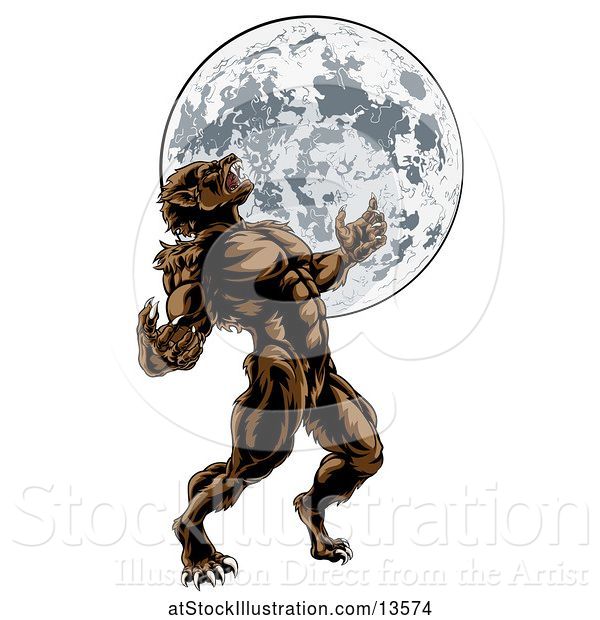 Vector Illustration of Full Length Werewolf Beast Howling and Transforming Against a Full Moon