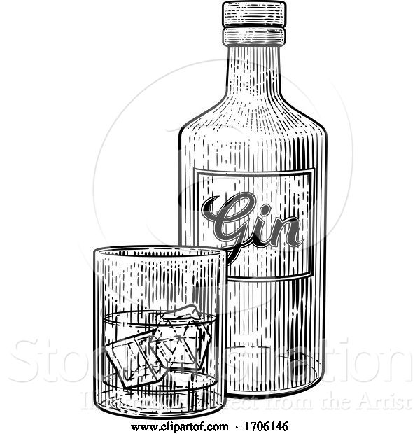 Vector Illustration of Gin Bottle Glass and Ice Vintage Etching Style