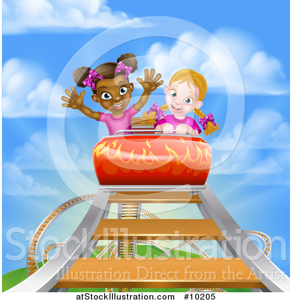 Vector Illustration of Girls on a Roller Coaster Ride, Against a Blue Sky with Clouds