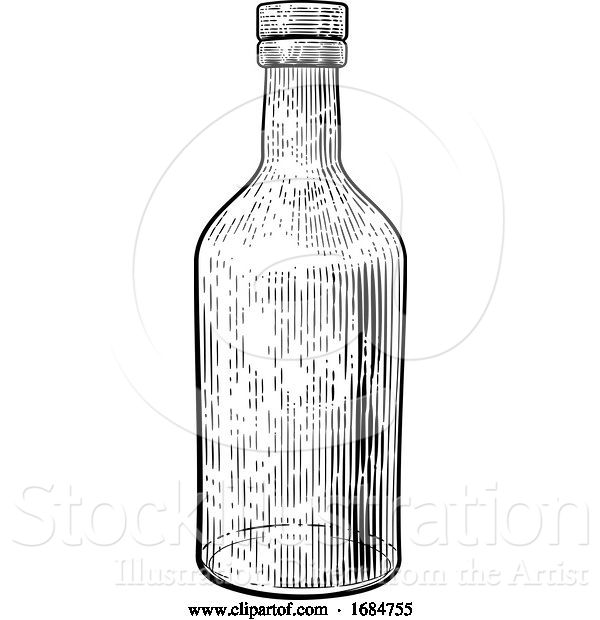Vector Illustration of Glass Drink Bottle Vintage Woodcut Etching Style