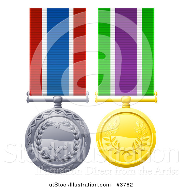 Vector Illustration of Gold and Silver Military Style Medals on Ribbons