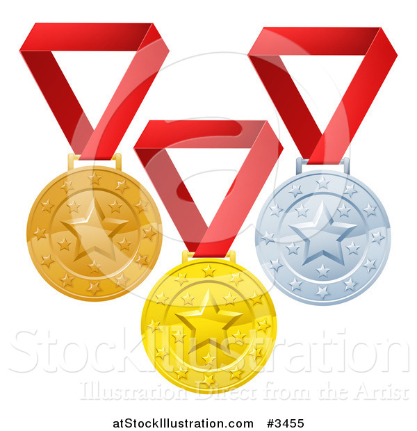 Vector Illustration of Gold Bronze and Silver Placement Award Winner Medals on Red Ribbons