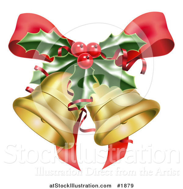 Vector Illustration of Golden Christmas Bells, a Red Bow and Sprig of Holly