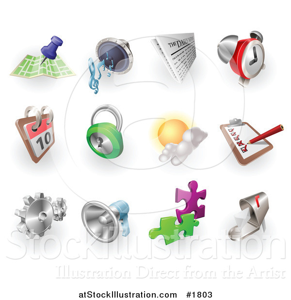 Vector Illustration of Gps, Audio, News, Alarm Clock, Calendar, Security, Weather, Checklist, Gears, Megaphone, Solutions and Email