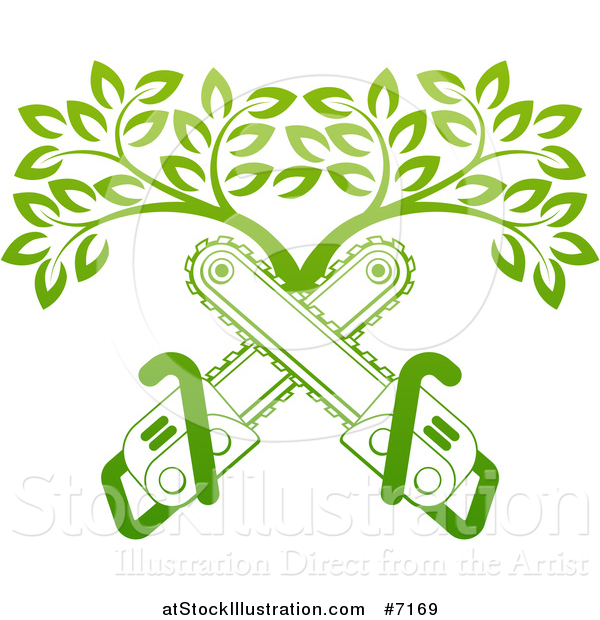 Vector Illustration of Gradient Green Crossed Chainsaws and a Tree